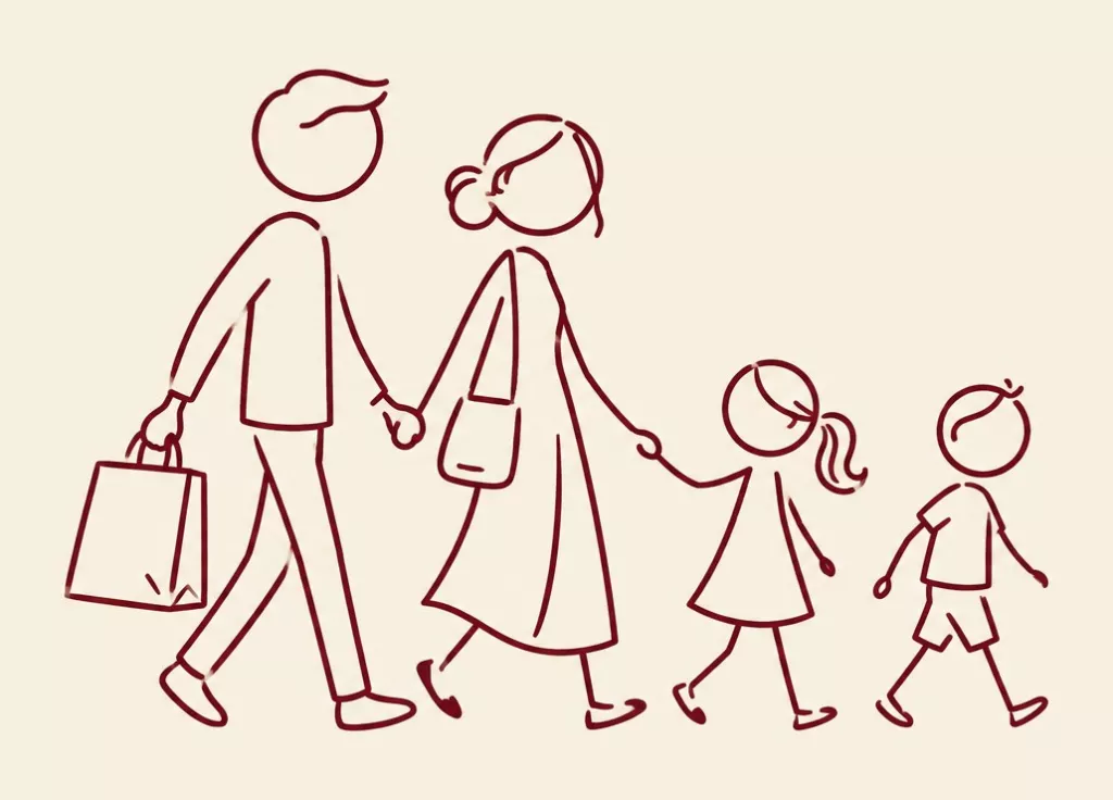 Dessin d’une famille qui repart avec un sac de commande à emporter